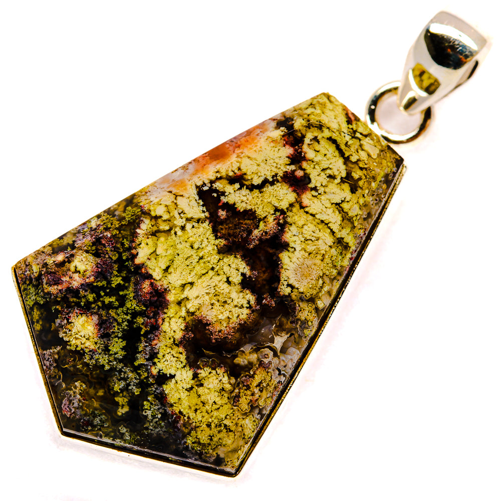 Sterling silver plume agate pendant, gold-yellow and dark marbled stone in rectangle frame