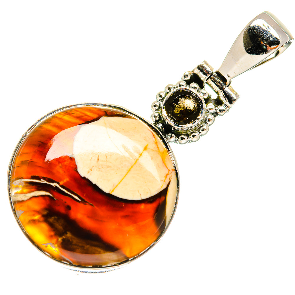 Amber and dark round gemstone pendant in 925 sterling silver with decorative bezel