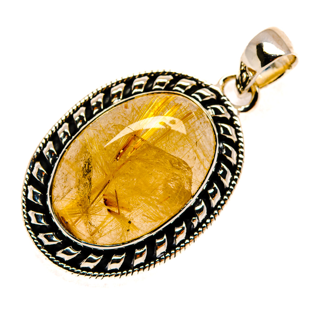 Oval rutilated quartz pendant, yellow cabochon framed by detailed sterling silver border with bail.