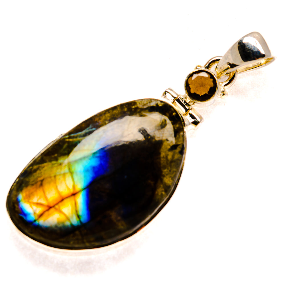 Sterling silver teardrop labradorite pendant with round smoky quartz and bail loop