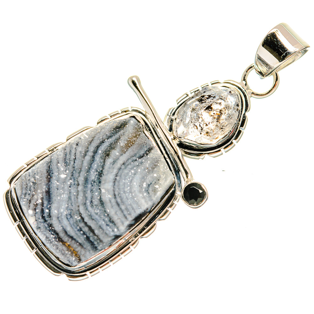 Sterling silver pendant with oval black-gray striped stone, clear druzy, and black onyx