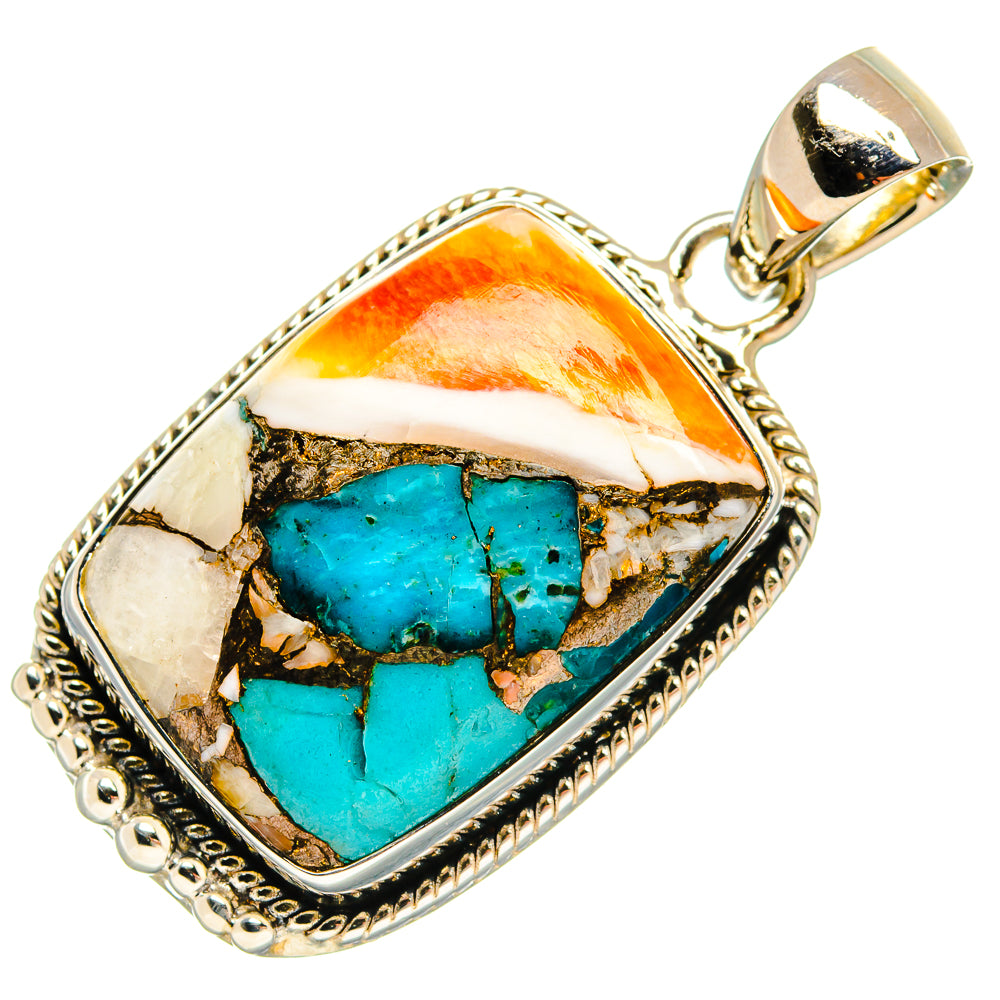 Teardrop turquoise oyster shell pendant with silver bezel and top bail, front view