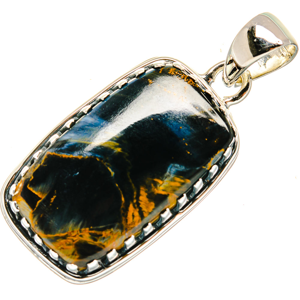 Pietersite pendant with dark blue-black stone and gold streaks, silver bezel and bail