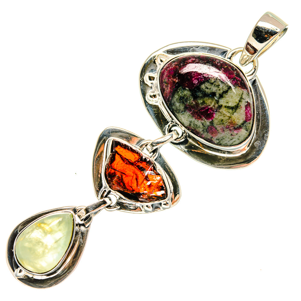 Sterling silver multi-stone pendant: marbled oval, orange drop, pale teardrop