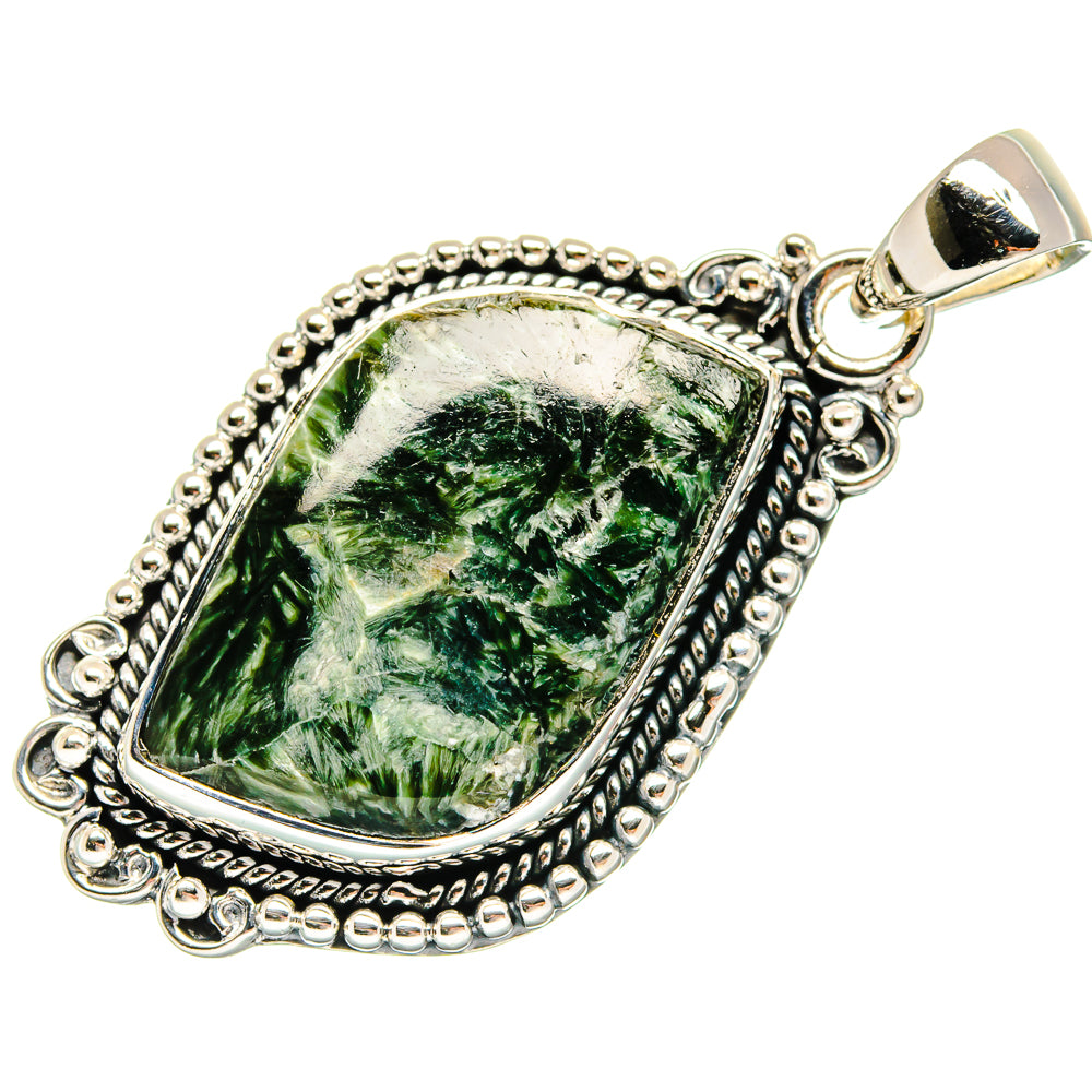 Green seraphinite pendant in ornate 925 sterling silver bezel with bail