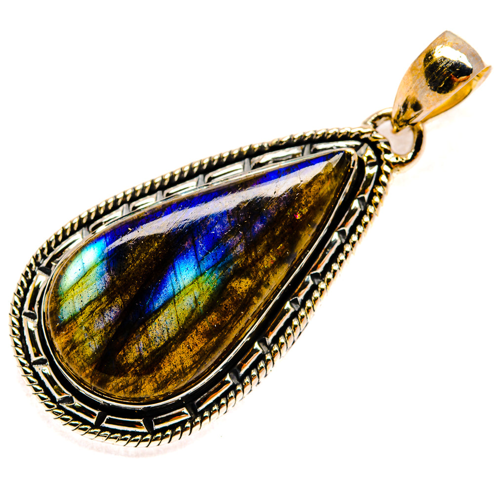 Labradorite teardrop pendant in 925 sterling silver with blue-gold iridescence bezel