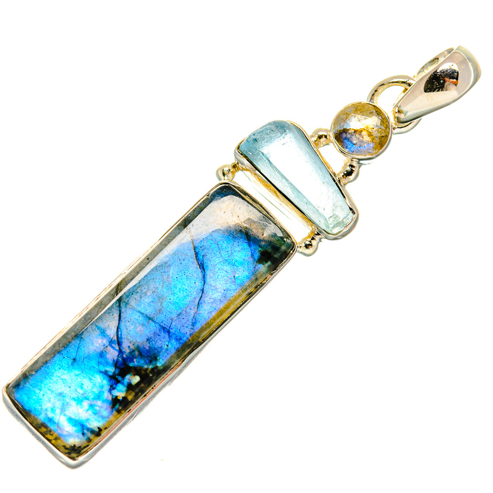 Labradorite and aquamarine bar pendant in 925 sterling silver, blue stone set