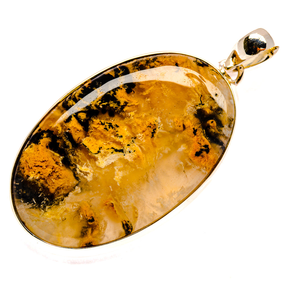 Oval agate pendant with sterling silver rim, amber and black mottled gemstone, bail.