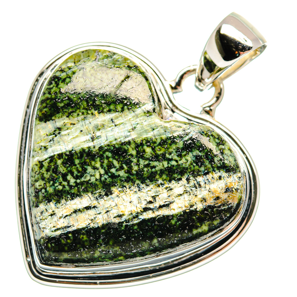 Heart-shaped lizard jasper pendant with sterling silver wire frame and bail, speckled green