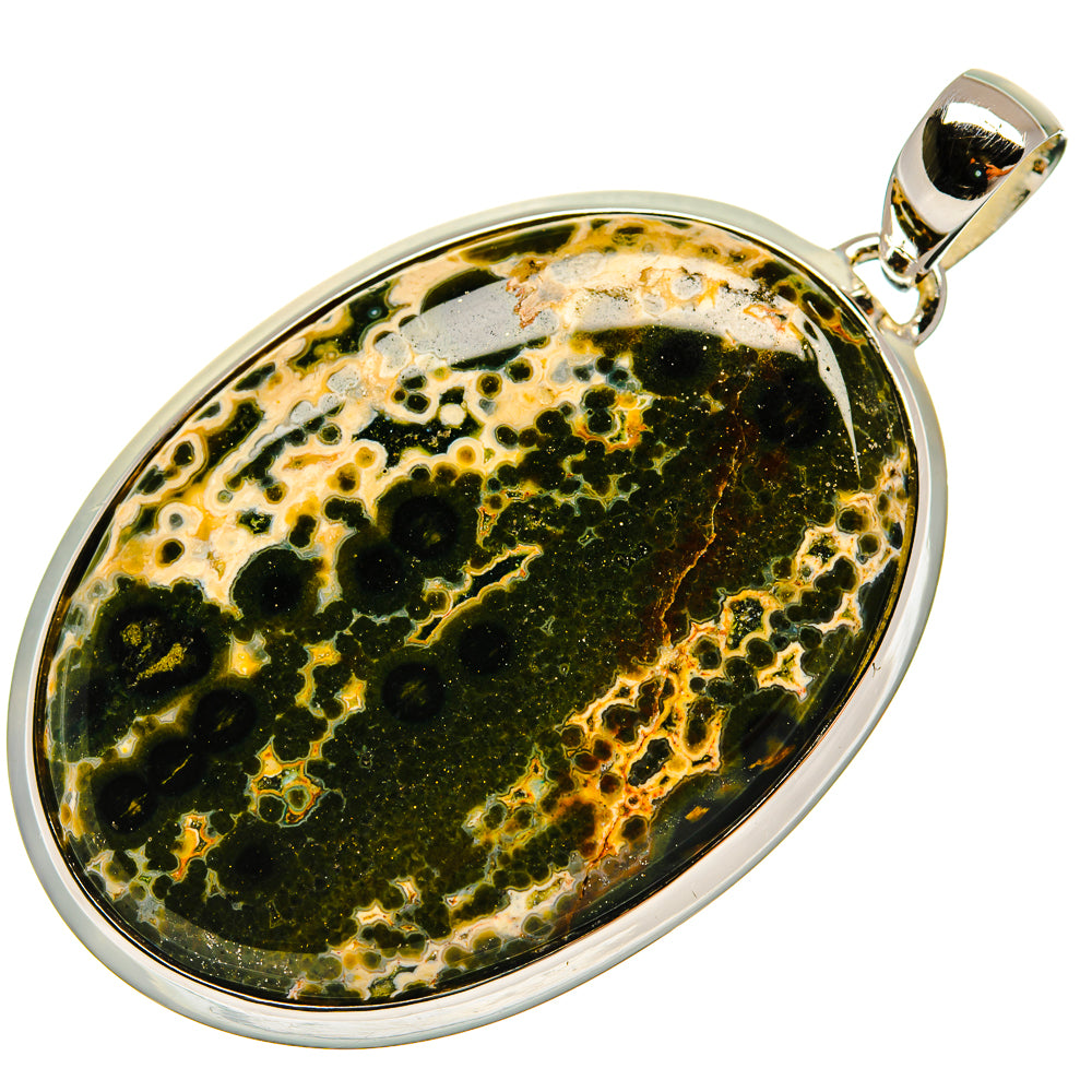 Oval ocean jasper cabochon pendant with sterling silver bezel and loop bail