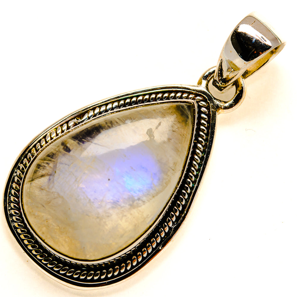 Teardrop rainbow moonstone pendant with ornate 925 sterling silver frame and bail