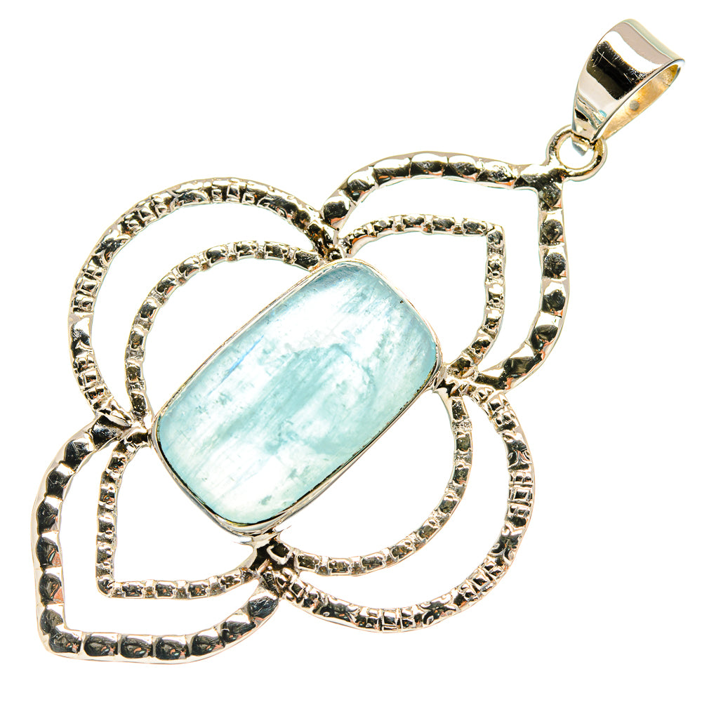 Aquamarine oval pendant with decorative swirl frame in 925 sterling silver.