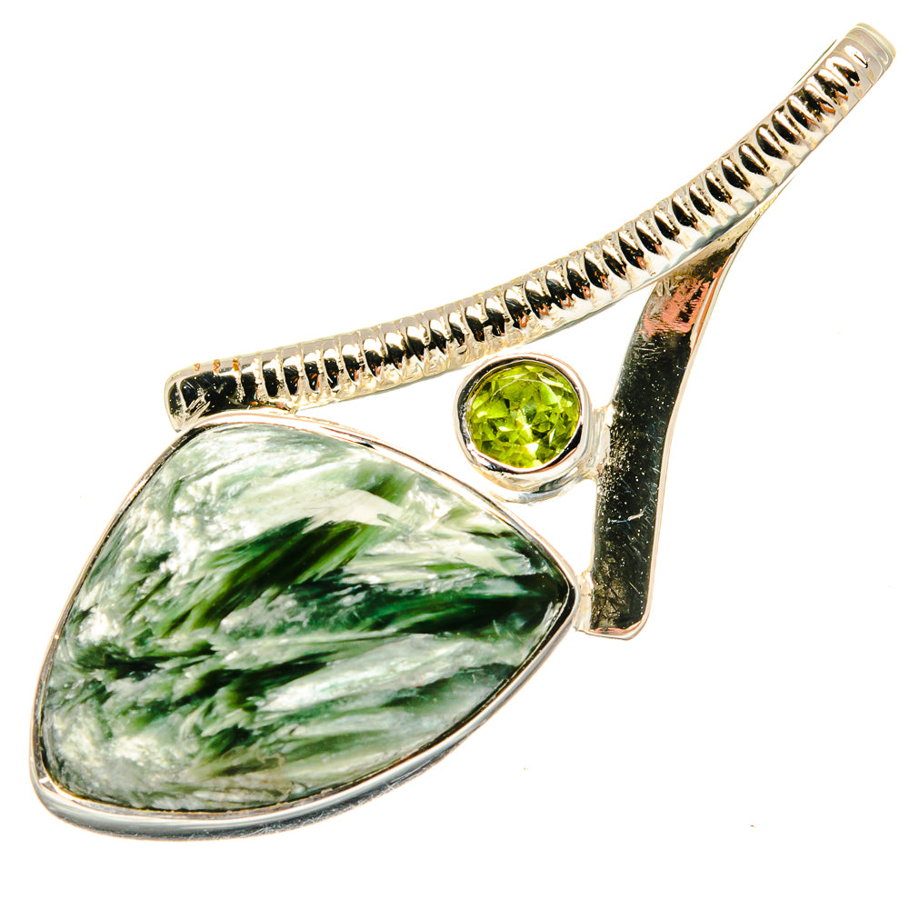 Teardrop sterling silver pendant featuring oval green seraphinite and round peridot stone