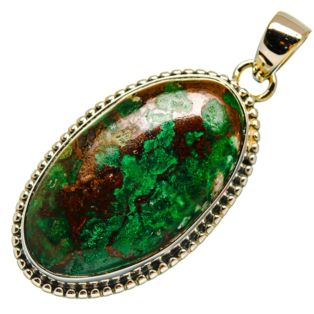 925 sterling silver chrysocolla pendant with teardrop cabochon, green stone texture
