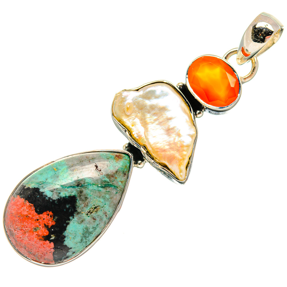 Three-stone sterling silver pendant with orange carnelian, mother-of-pearl, and green-orange stone