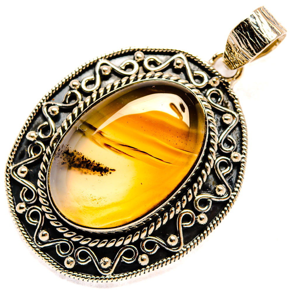 925 sterling silver Montana agate pendant, golden amber oval stone with decorative border and bail