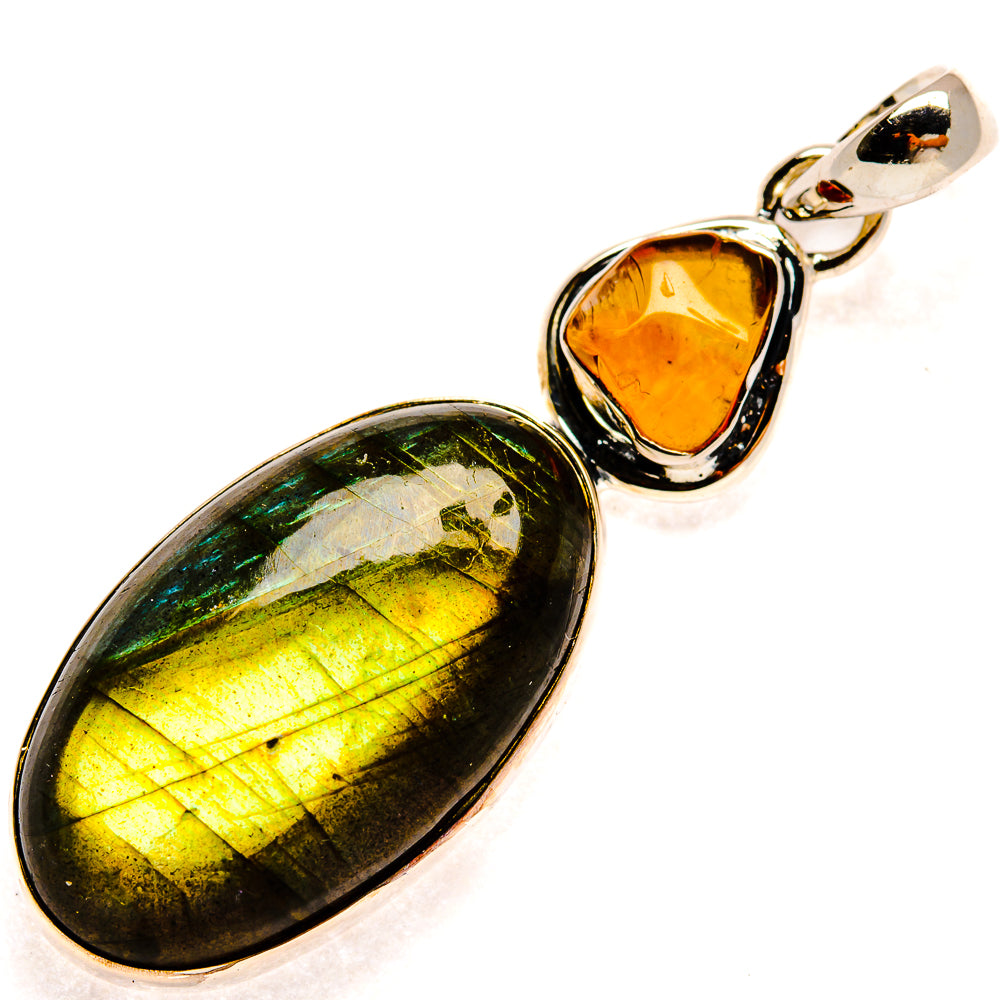 Oval labradorite and orange carnelian pendant, polished 925 sterling silver bezel
