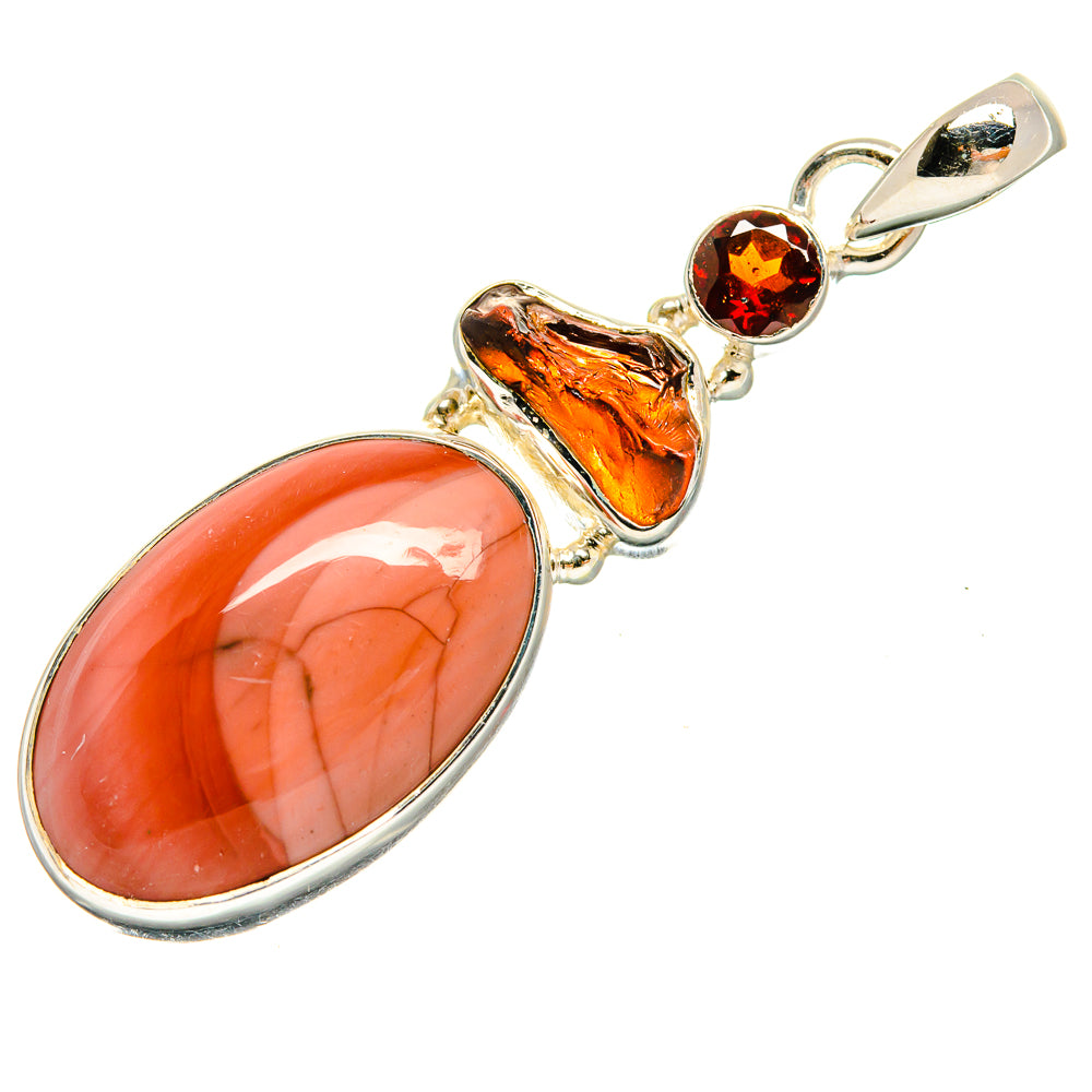 Sterling silver pendant with oval orange imperial jasper and red garnet accents