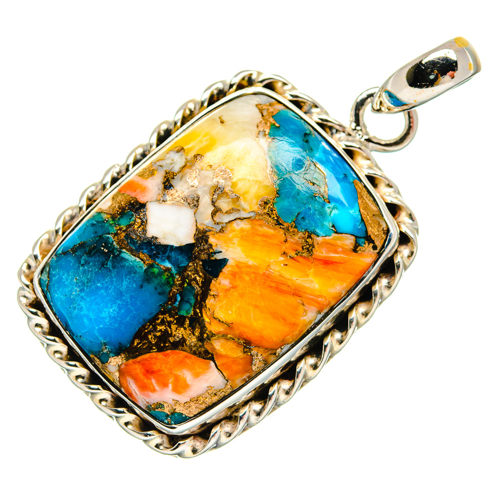 Turquoise and orange marbled stone pendant in ornate 925 sterling silver bezel