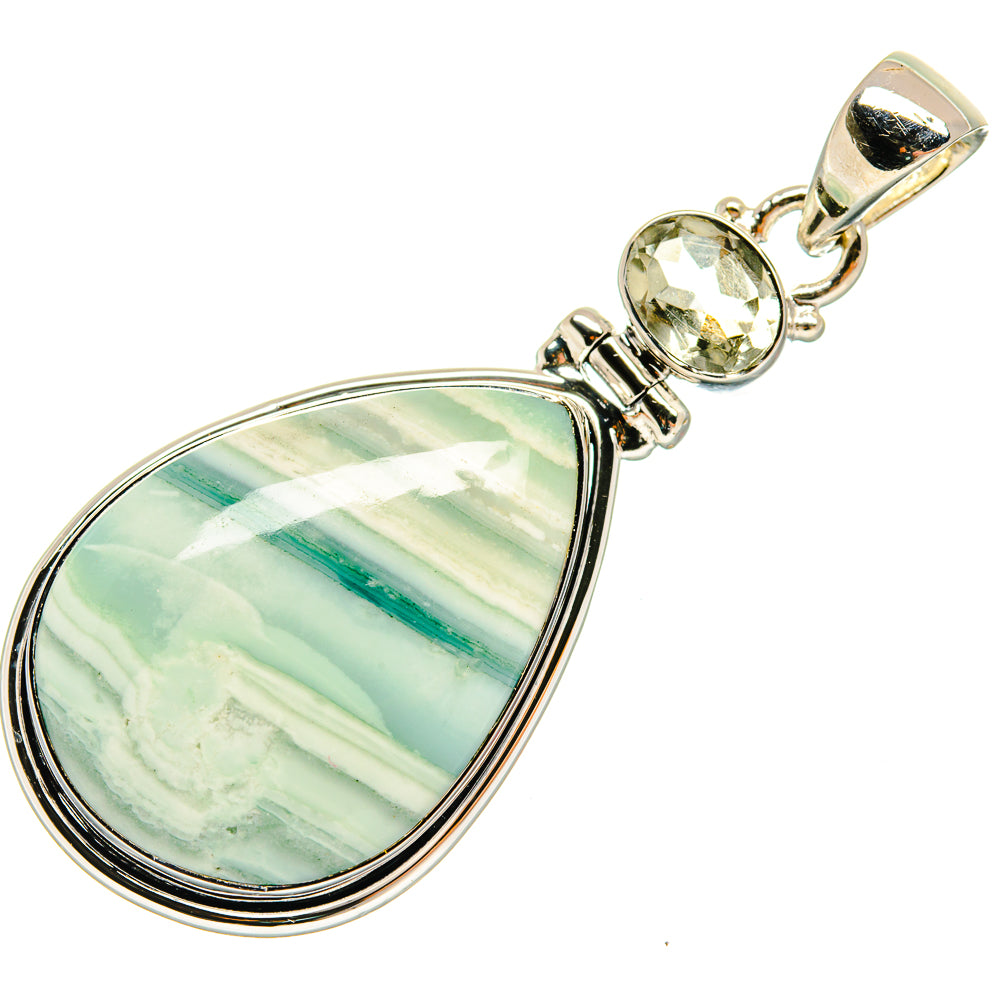 Teardrop ocean jasper pendant with green-white stripes, sterling silver bezel and top stone