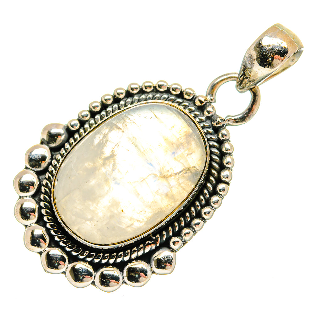 Oval moonstone pendant in 925 sterling silver with beaded border and loop bail