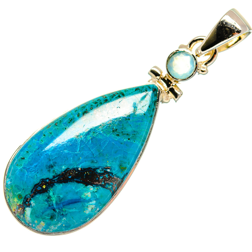 Teardrop aqua chalcedony pendant in 925 sterling silver with round bezel accent and bail