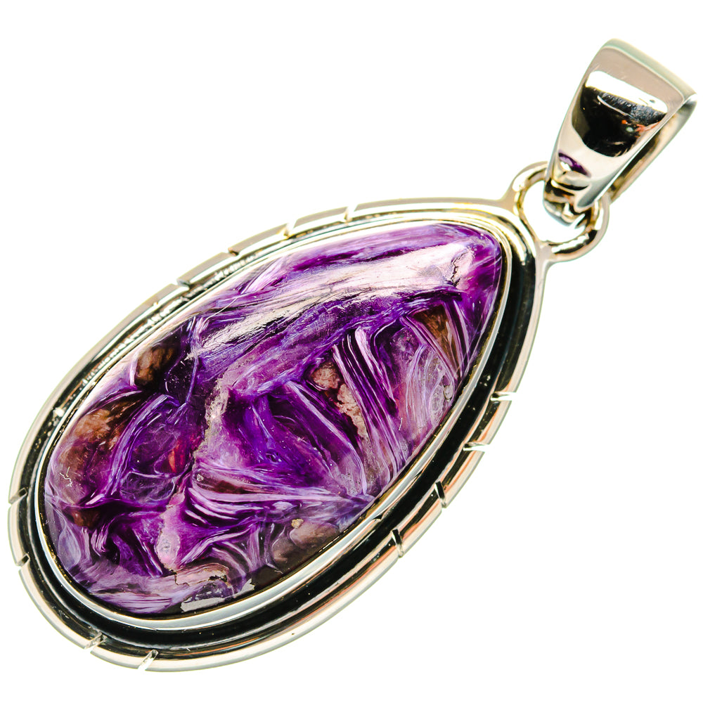 Charoite oval cabochon pendant, ornate bezel and polished 925 sterling silver bail