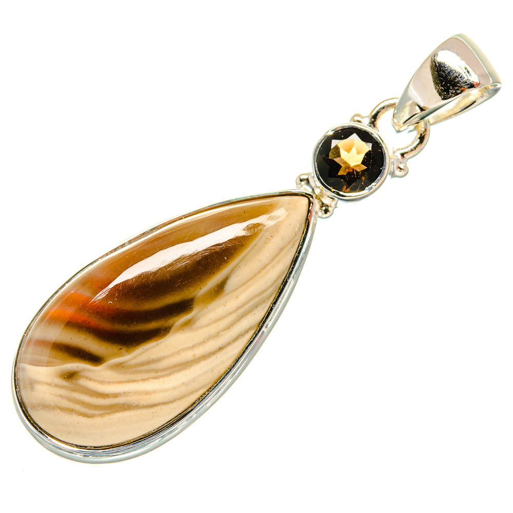 Sterling silver teardrop jasper pendant with round smoky quartz accent