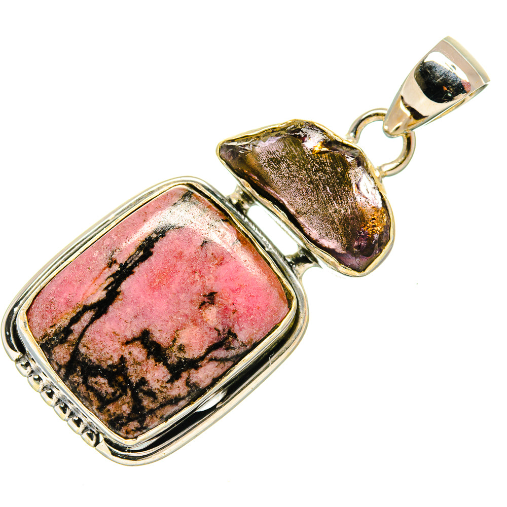 Sterling silver rhodonite and garnet pendant with rectangular pink cabochon and dark crystal