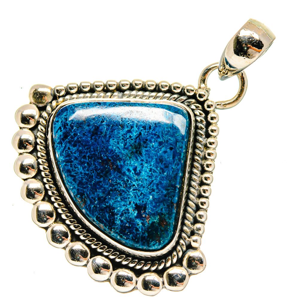Blue shattuckite gemstone pendant in round beaded 925 sterling silver setting