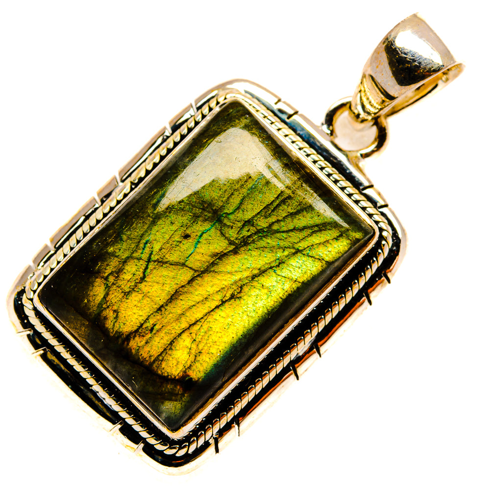 Sterling silver labradorite pendant with rectangular green gemstone, rope-edged frame