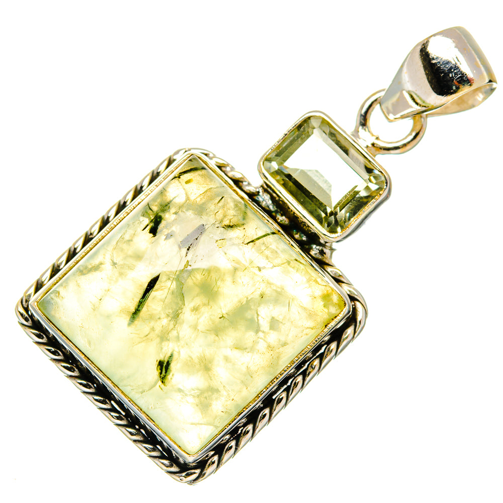 Rectangular green gemstone pendant in 925 sterling silver with ornate frame and bail