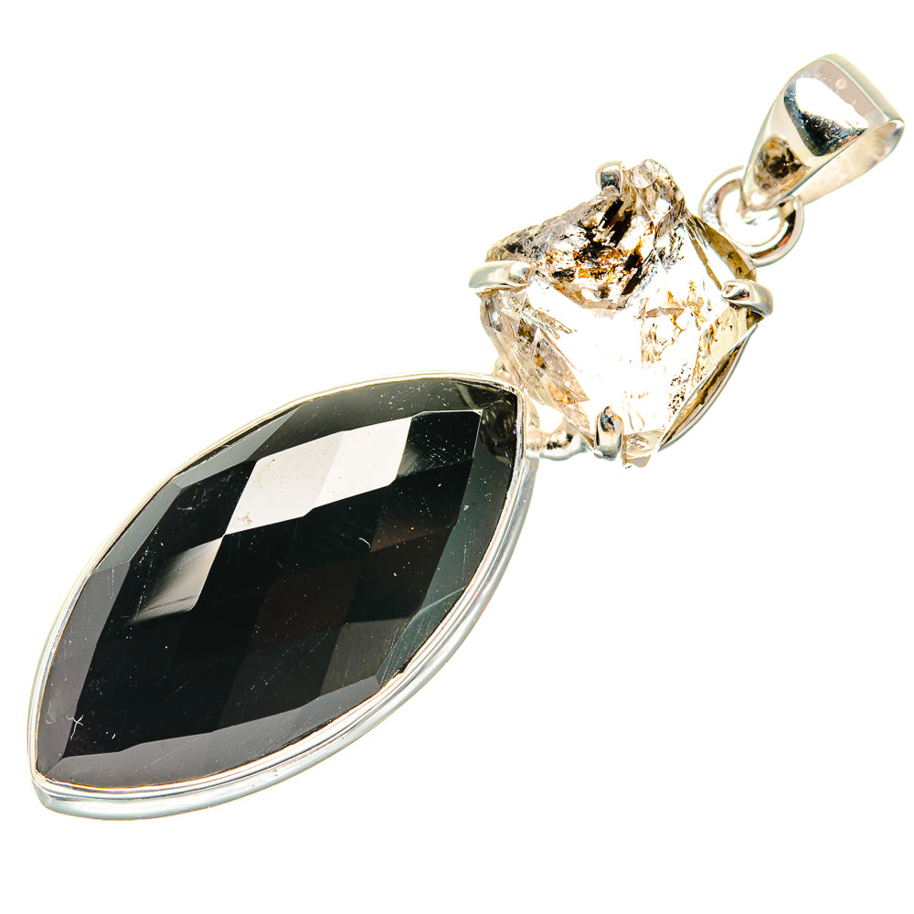 Herkimer diamond and black onyx pendant in sterling silver, faceted teardrop bezel setting