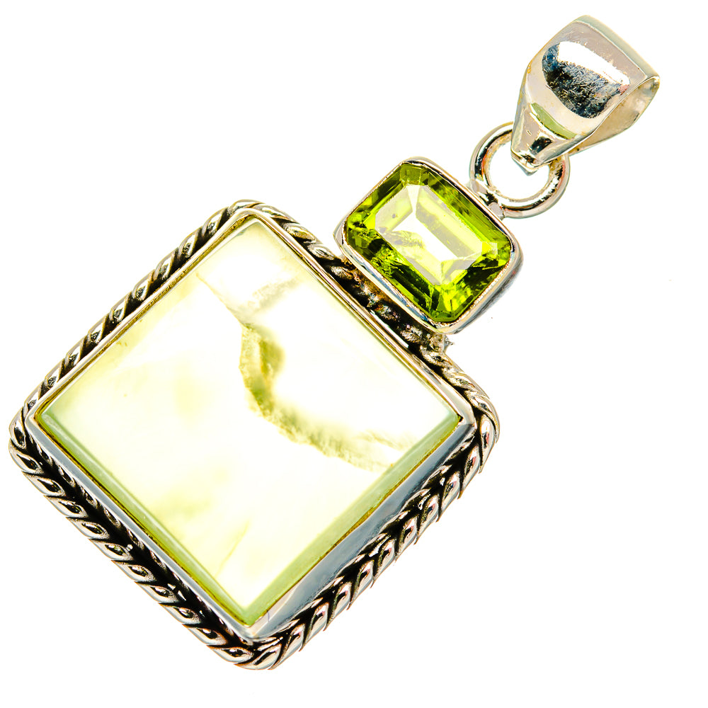 Large square light-green gemstone pendant with small green stone top and silver bail