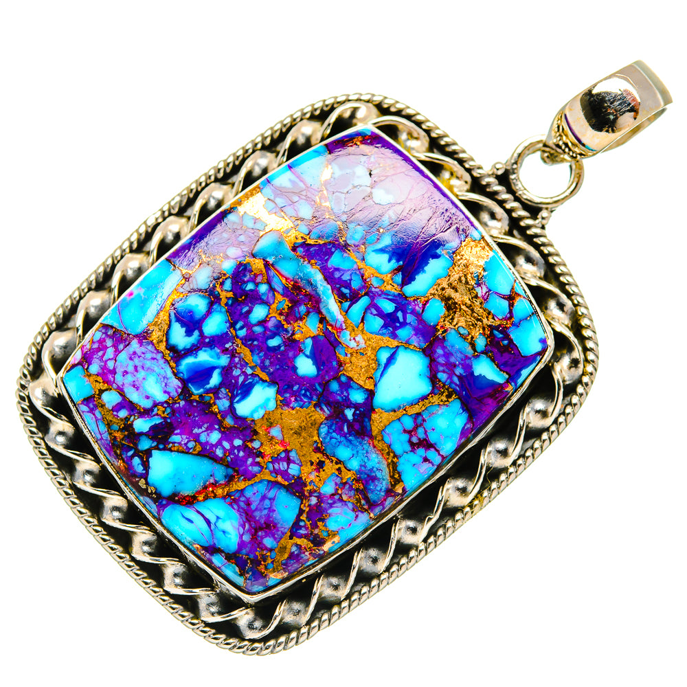 Square turquoise composite pendant in purple, blue, and gold with ornate silver bezel