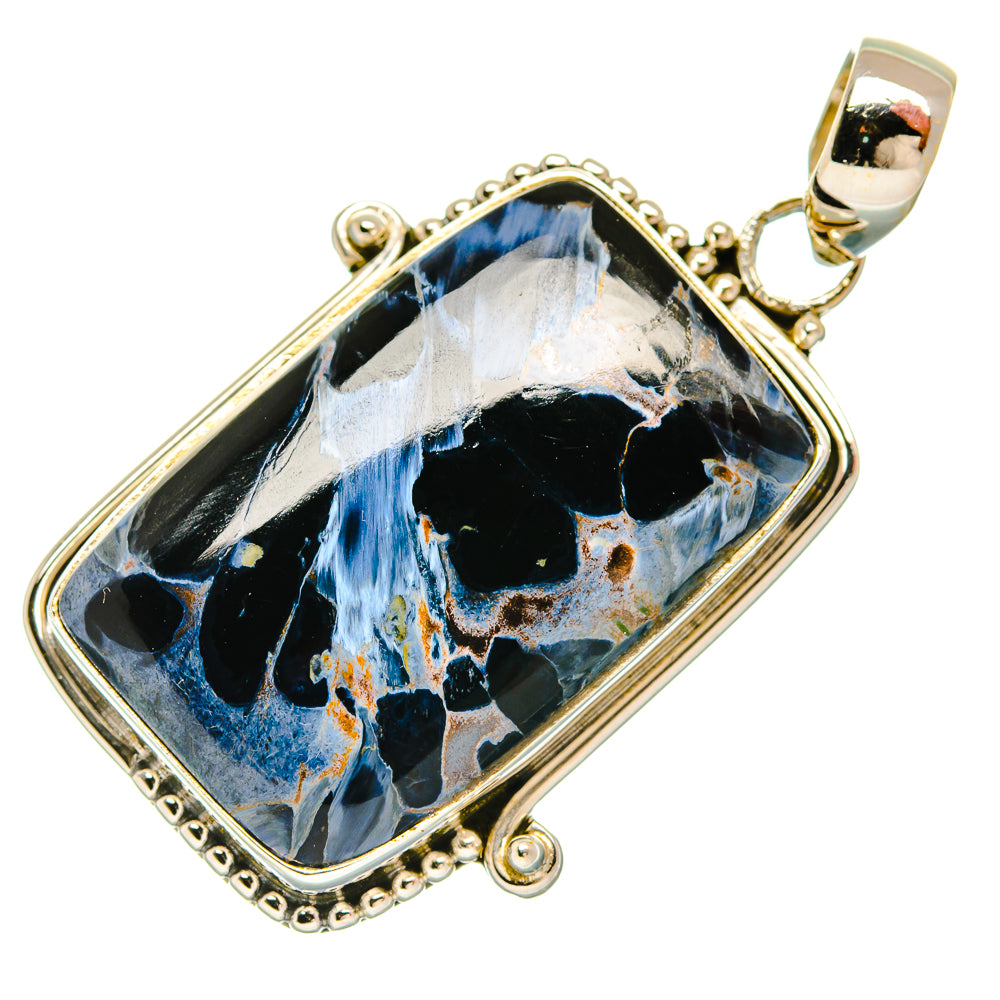 Sterling silver pendant with rectangular pietersite stone in blue and black, ornate bezel