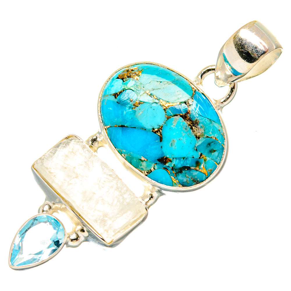 Sterling silver pendant with oval turquoise cabochon, blue teardrop and rectangular accent
