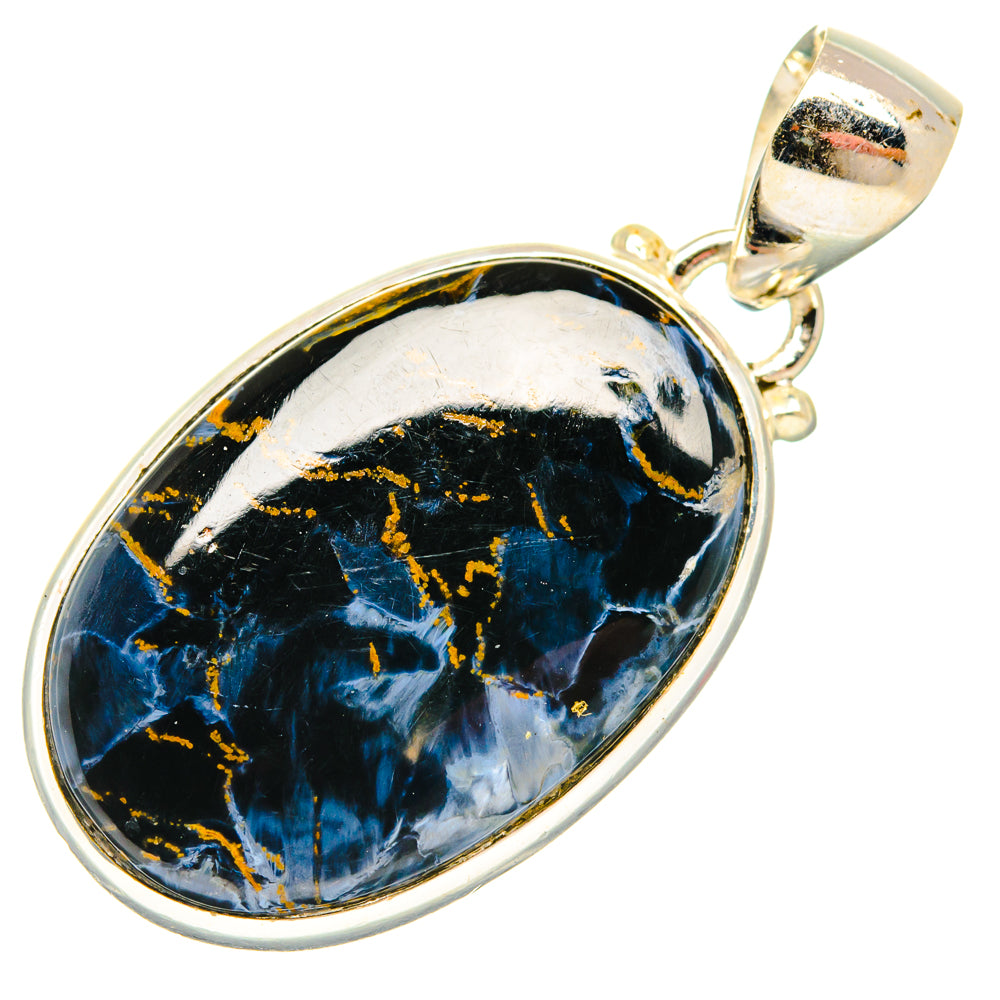 925 sterling silver pietersite pendant, teardrop blue stone with gold veining bezel