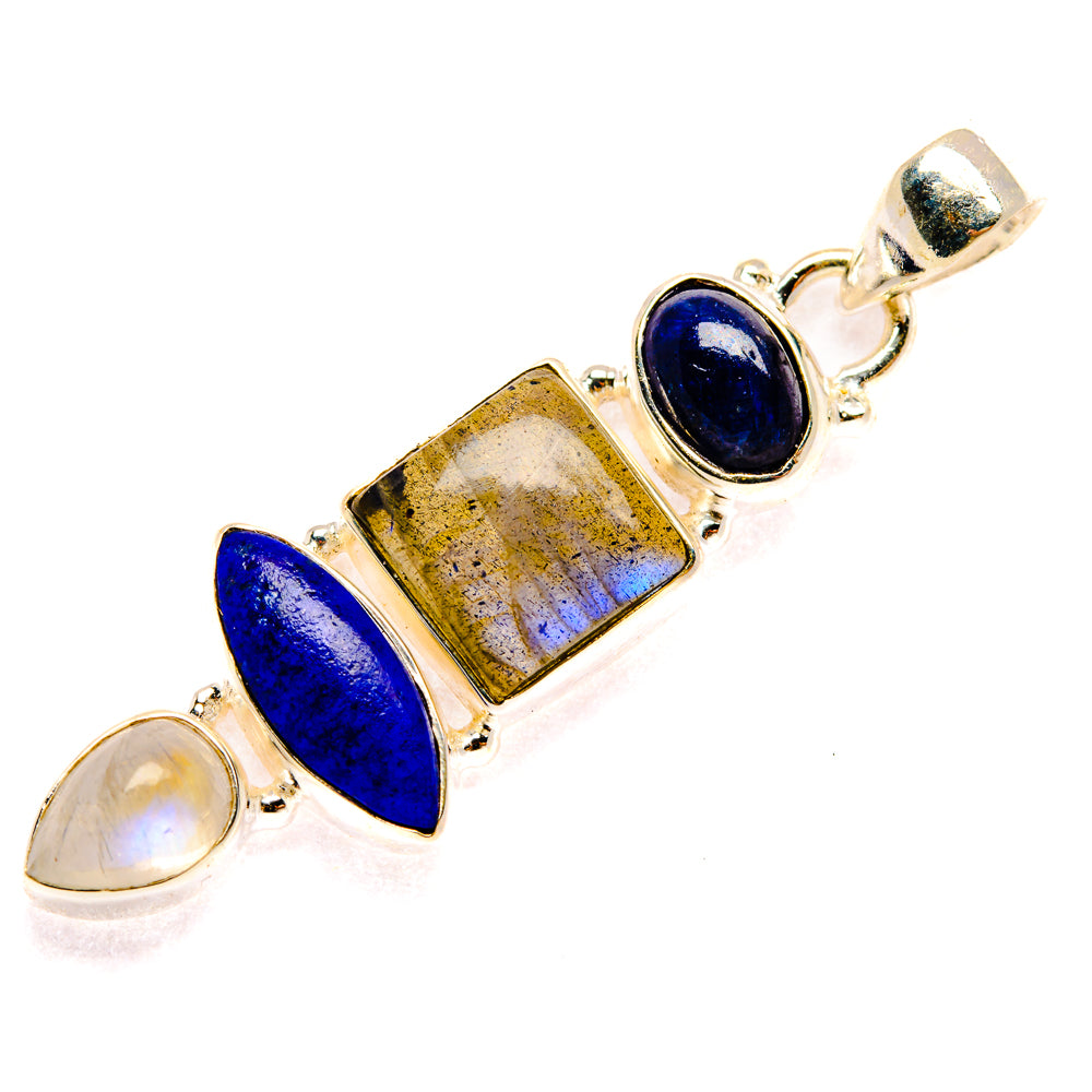 925 sterling silver pendant with dark blue ovals, speckled square, and rainbow moonstone cabochons
