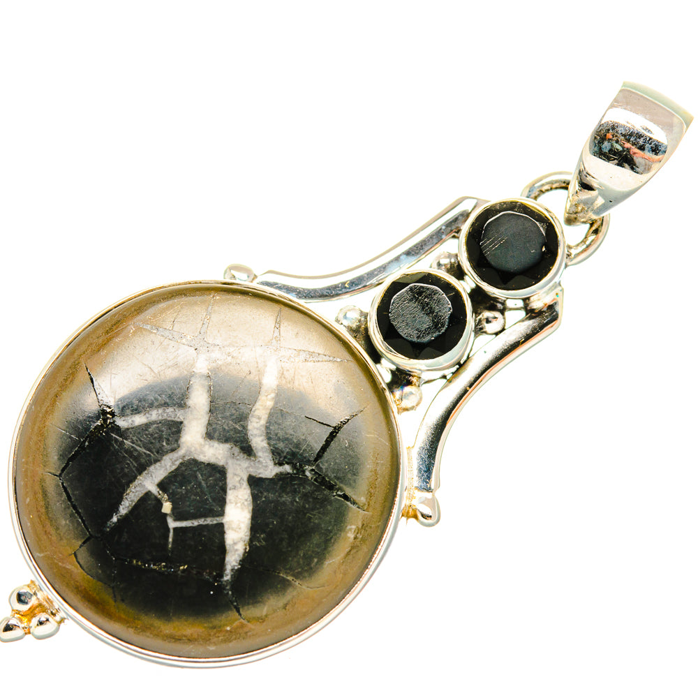 Septarian geode pendant, round black stone with gold matrix, silver bezel and two black accents.