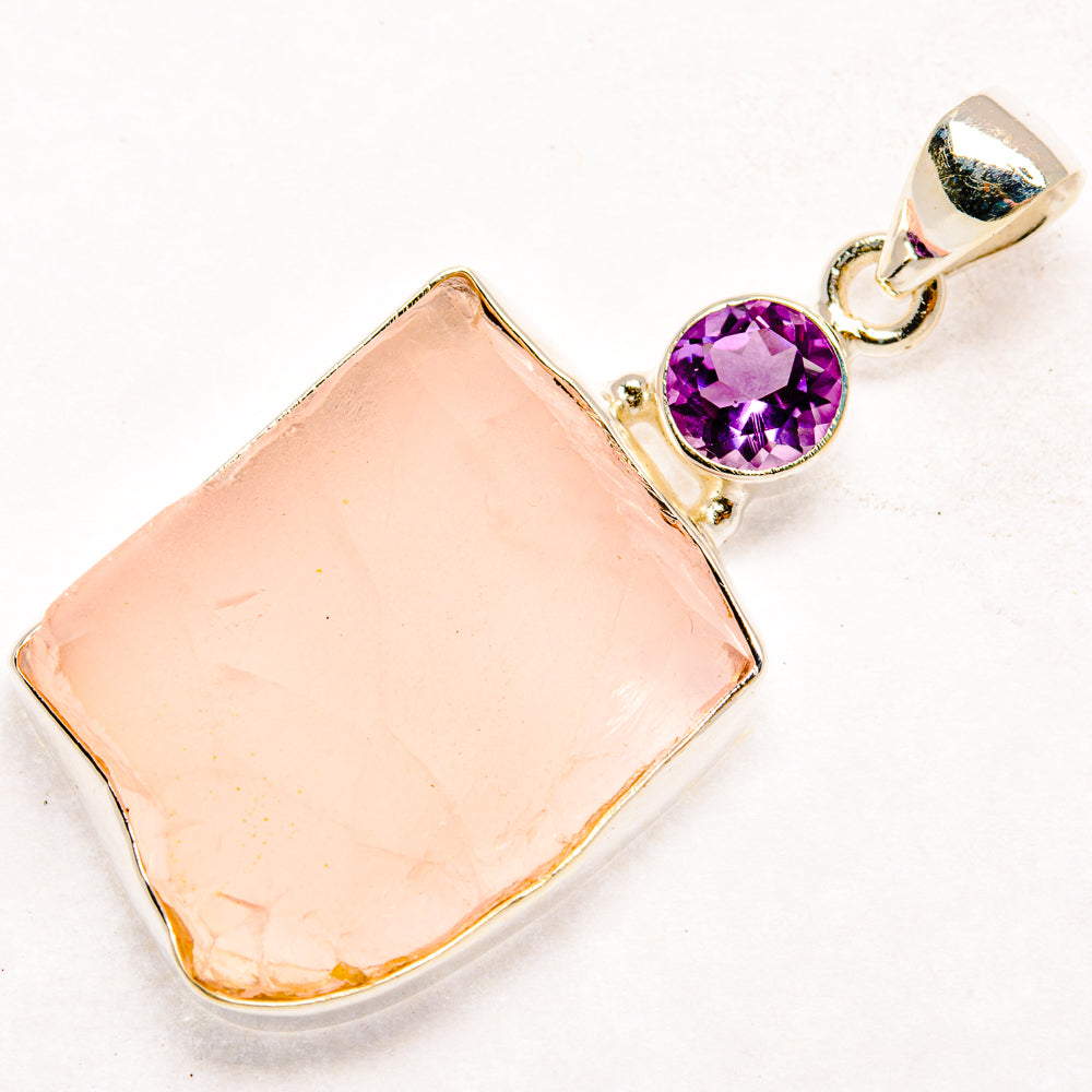 Rough rose quartz teardrop pendant with purple amethyst accent on 925 silver bail