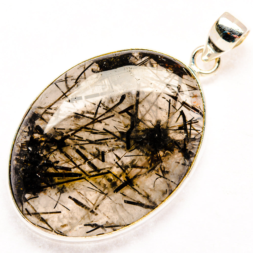 Round tourmalinated quartz pendant in 925 sterling silver bezel, wire-like black inclusions