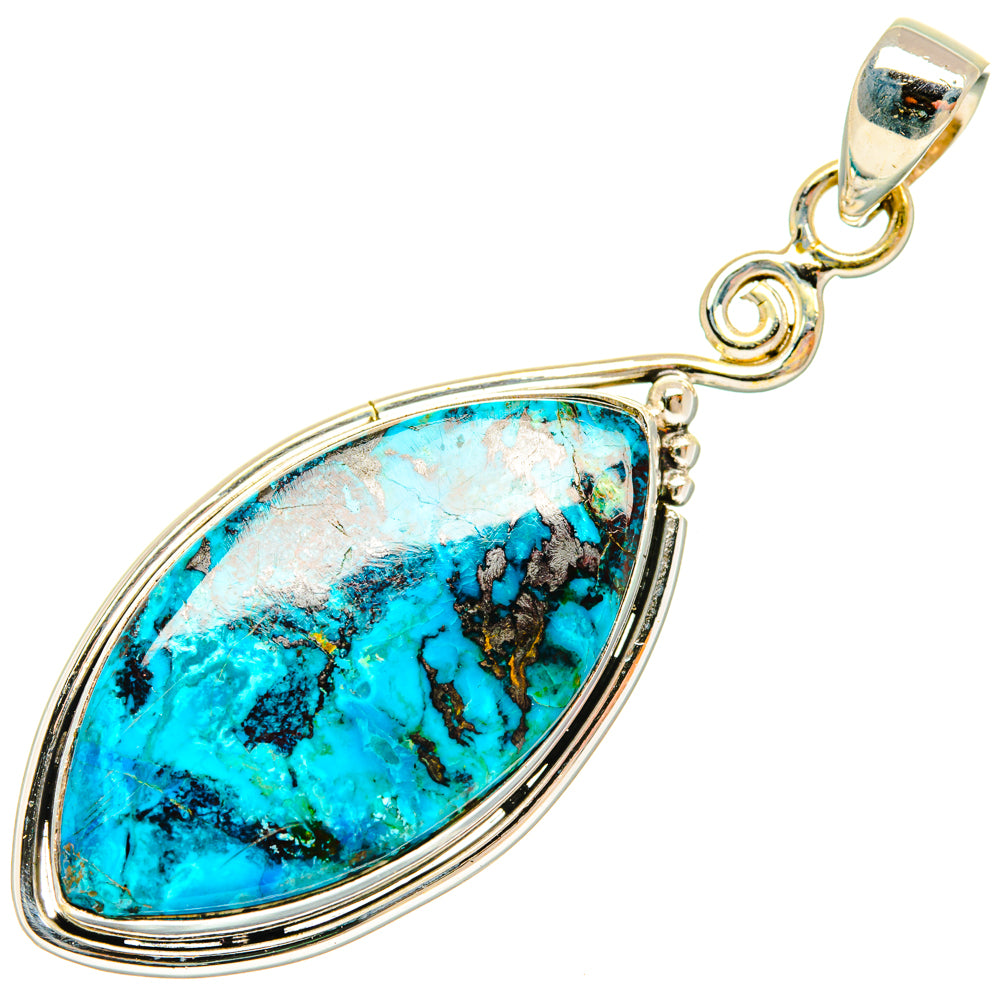 Turquoise teardrop stone pendant with sterling silver frame and scroll bail
