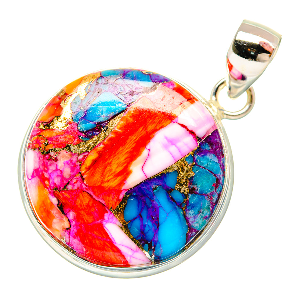 Round multi-color gemstone pendant with silver bail, pink orange blue mosaic cabochon
