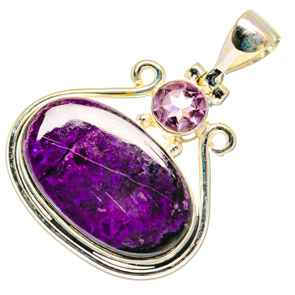 Silver pendant with large oval purple cabochon, small round amethyst, and open bail loop.