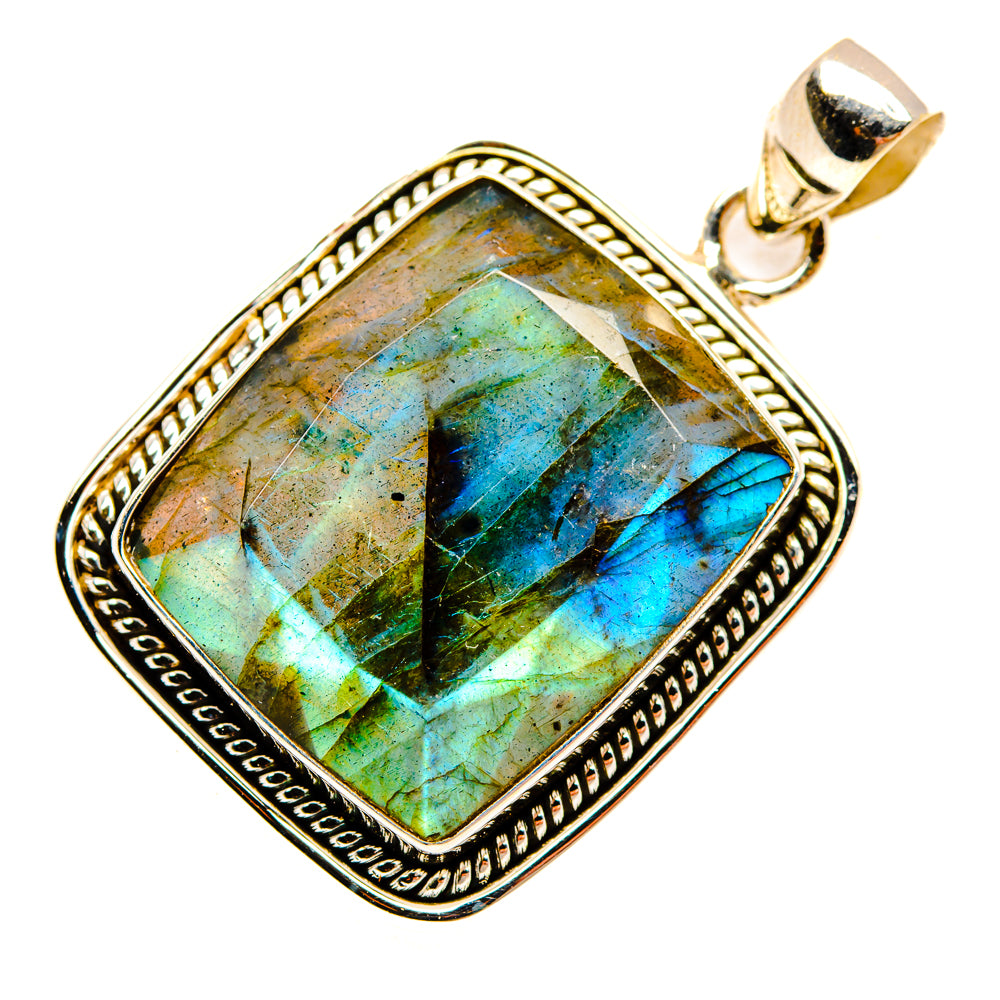 Rectangular labradorite pendant in 925 sterling silver with ornate frame and bail
