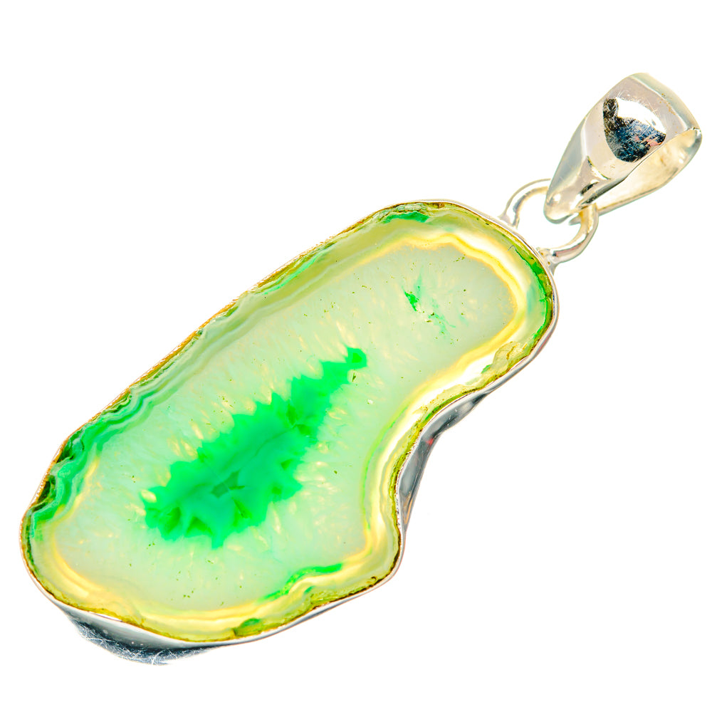 Green geode slice pendant in sterling silver bezel with top loop bail