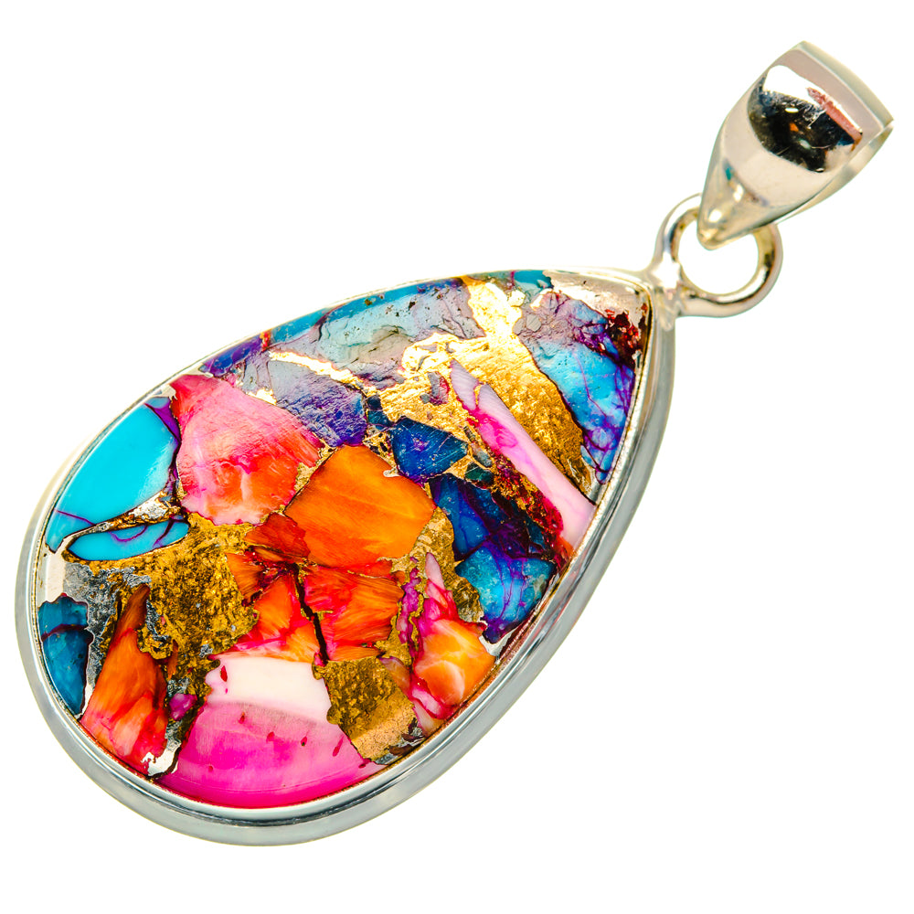 Teardrop sterling silver pendant with turquoise, pink, orange, and blue gemstone inlay