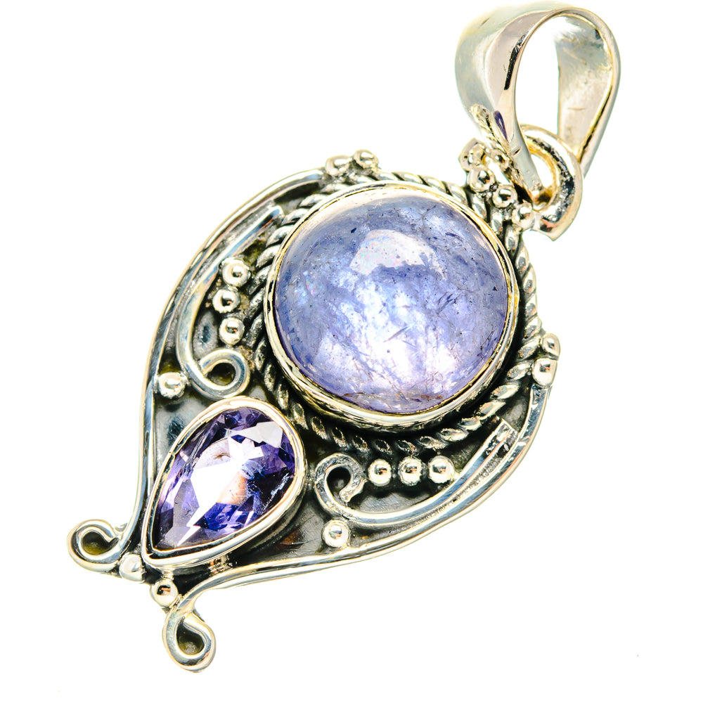 Sterling silver tanzanite pendant with oval purple center stone and marquise side stone, bail
