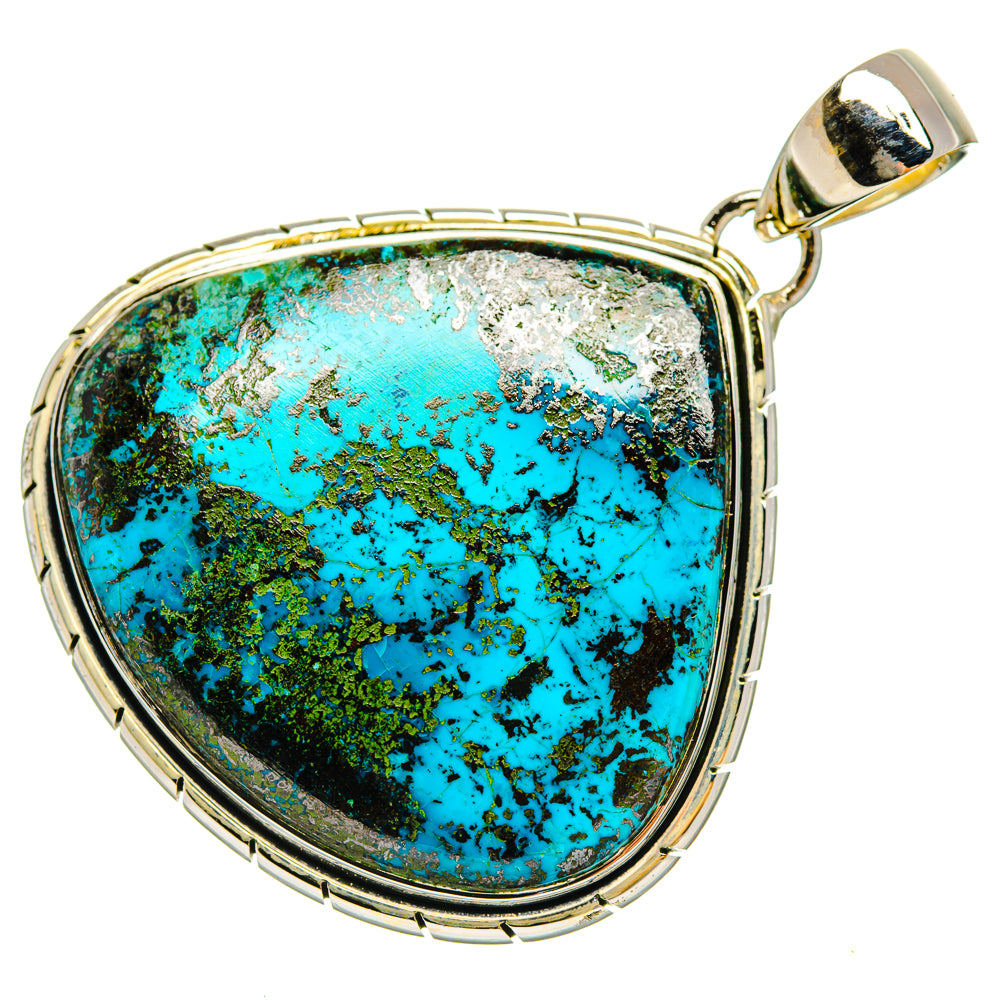 Oval Shattuckite pendant with blue-green turquoise stone in silver bezel and top bail